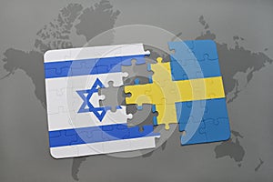 puzzle with the national flag of israel and sweden on a world map background.