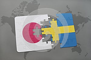 puzzle with the national flag of japan and sweden on a world map background.