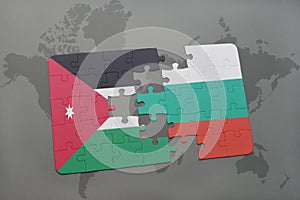 puzzle with the national flag of jordan and bulgaria on a world map background.