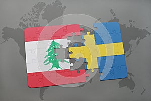 puzzle with the national flag of lebanon and sweden on a world map background.