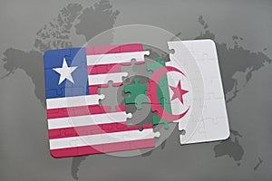 puzzle with the national flag of liberia and algeria on a world map