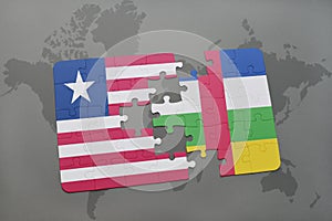 puzzle with the national flag of liberia and central african republic on a world map