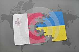 puzzle with the national flag of malta and ukraine on a world map background.