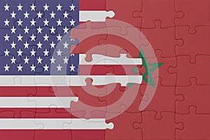 puzzle with the national flag of morocco and united states of america.macro