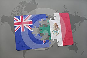 Puzzle with the national flag of new zealand and mexico on a world map background. 3D illustration