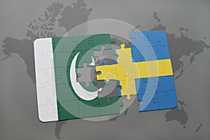 puzzle with the national flag of pakistan and sweden on a world map background.