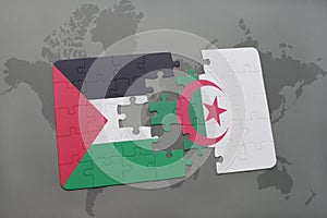 puzzle with the national flag of palestine and algeria on a world map