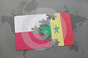 puzzle with the national flag of poland and senegal on a world map background.