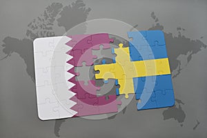 puzzle with the national flag of qatar and sweden on a world map background.