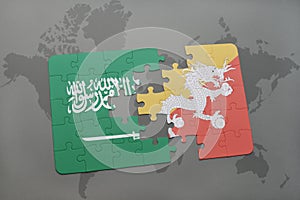 puzzle with the national flag of saudi arabia and bhutan on a world map background.