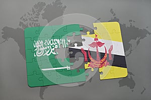 puzzle with the national flag of saudi arabia and brunei on a world map background.