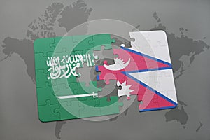 puzzle with the national flag of saudi arabia and nepal on a world map background.