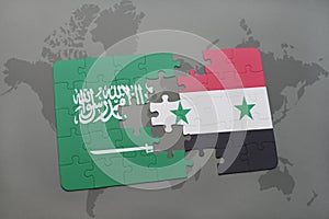 puzzle with the national flag of saudi arabia and syria on a world map background.