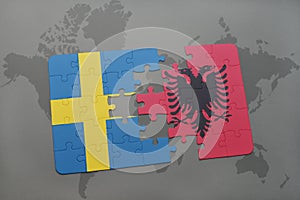 puzzle with the national flag of sweden and albania on a world map background.