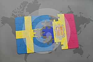 puzzle with the national flag of sweden and andorra on a world map background.