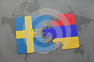 puzzle with the national flag of sweden and armenia on a world map background.