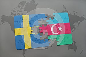 puzzle with the national flag of sweden and azerbaijan on a world map background.