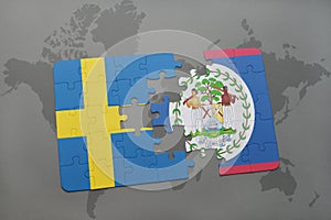 puzzle with the national flag of sweden and belize on a world map background.