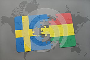 puzzle with the national flag of sweden and bolivia on a world map background.