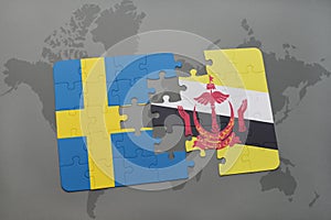 puzzle with the national flag of sweden and brunei on a world map background.