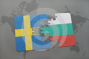 puzzle with the national flag of sweden and bulgaria on a world map background.