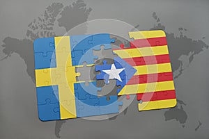 puzzle with the national flag of sweden and catalonia on a world map background.