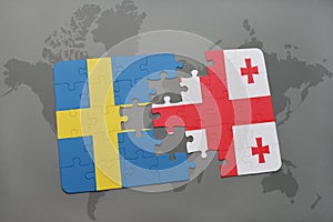 puzzle with the national flag of sweden and georgia on a world map background.