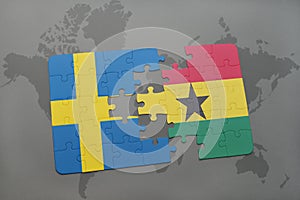 puzzle with the national flag of sweden and ghana on a world map background.