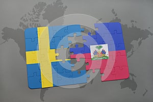 puzzle with the national flag of sweden and haiti on a world map background.