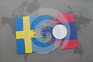 puzzle with the national flag of sweden and laos on a world map background.