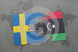 puzzle with the national flag of sweden and libya on a world map background.