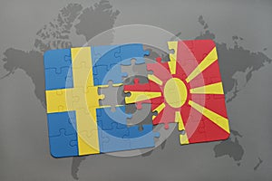 puzzle with the national flag of sweden and macedonia on a world map background.