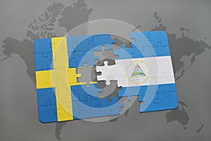 puzzle with the national flag of sweden and nicaragua on a world map background.