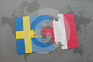 puzzle with the national flag of sweden and peru on a world map background.