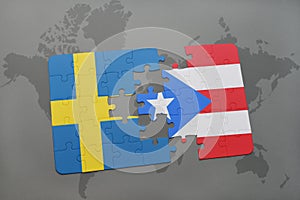 puzzle with the national flag of sweden and puerto rico on a world map background.