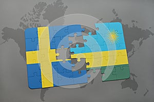 puzzle with the national flag of sweden and rwanda on a world map background.