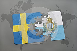 puzzle with the national flag of sweden and san marino on a world map background.
