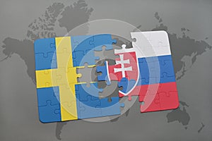 puzzle with the national flag of sweden and slovakia on a world map background.