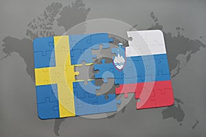 puzzle with the national flag of sweden and slovenia on a world map background.