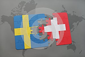 puzzle with the national flag of sweden and switzerland on a world map background.