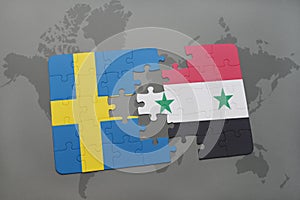 puzzle with the national flag of sweden and syria on a world map background.