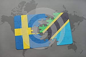 puzzle with the national flag of sweden and tanzania on a world map background.