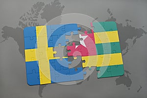 puzzle with the national flag of sweden and togo on a world map background.