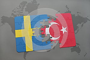 puzzle with the national flag of sweden and turkey on a world map background.