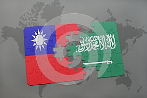 puzzle with the national flag of taiwan and saudi arabia on a world map background.