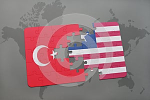 puzzle with the national flag of turkey and liberia on a world map