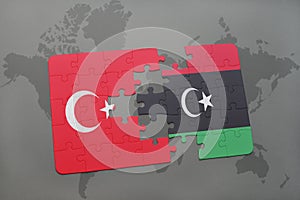 puzzle with the national flag of turkey and libya on a world map