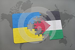puzzle with the national flag of ukraine and palestine on a world map