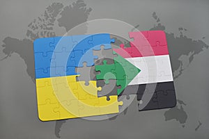 puzzle with the national flag of ukraine and sudan on a world map