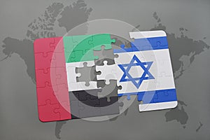 puzzle with the national flag of united arab emirates and israel on a world map background.